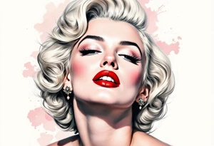 A vintage-style Marilyn in full color with platinum blonde hair, red lips, and a soft pastel background. tattoo idea