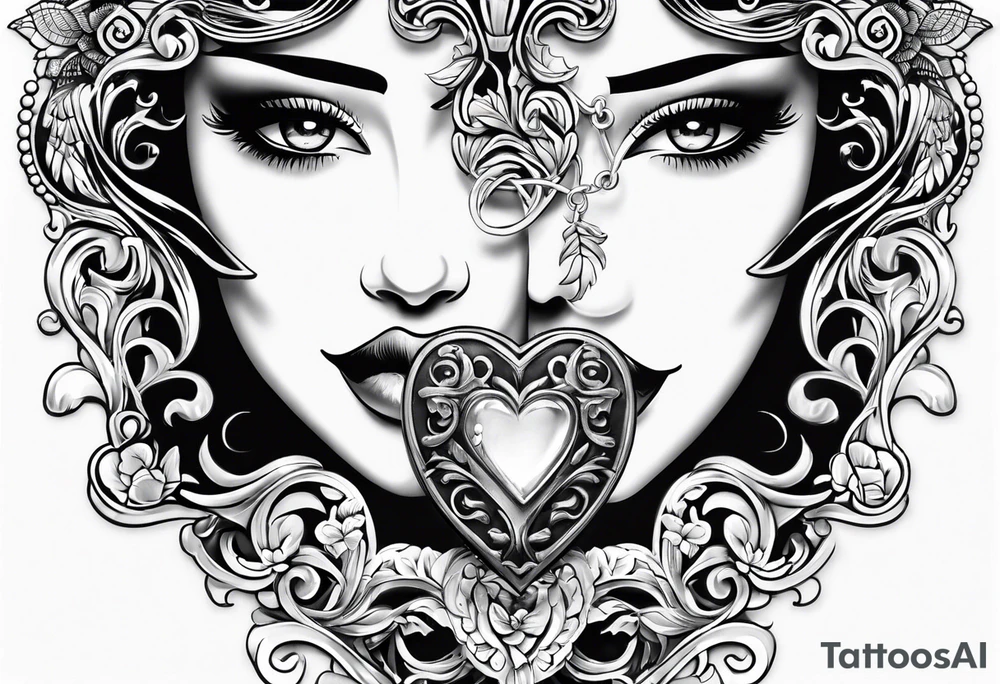 necklace heart locket with a male and female shadow hugging tattoo idea