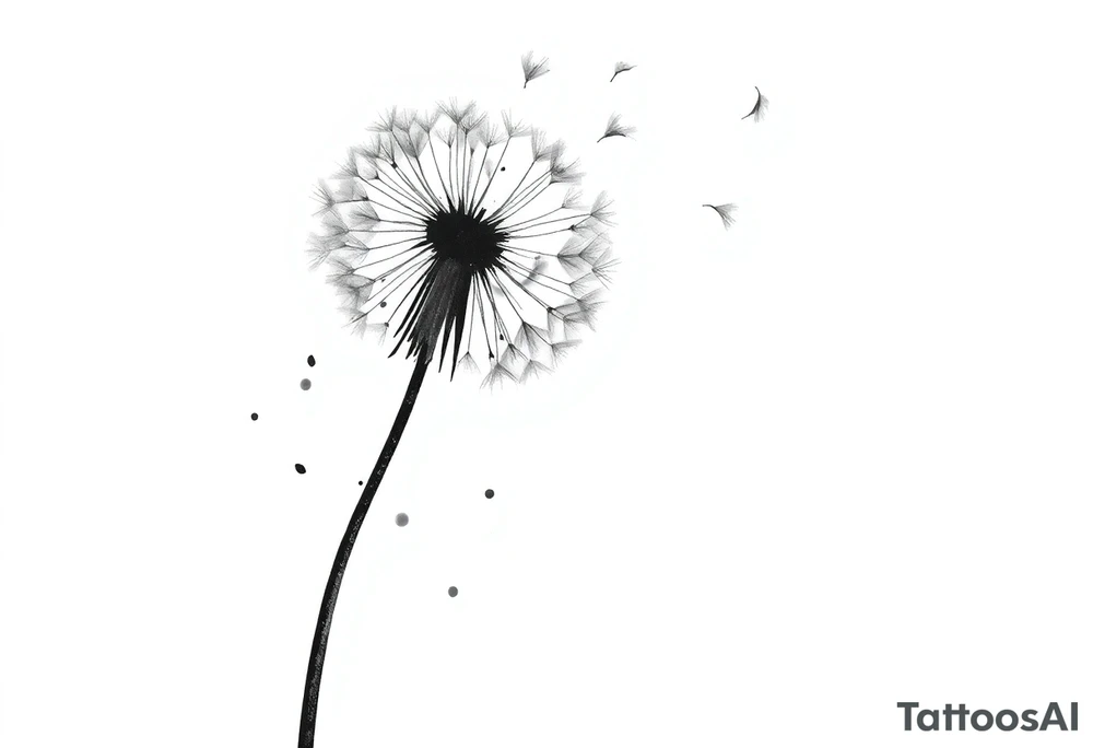 Dandelion
This image showcases a black-and-white watercolor-style illustration of a dandelion. The dandelion is depicted in fine detail, with its delicate seeds dispersing into the air. The artistic approach includes an ink-wash effect, where the stems appear to be dripping down like wet ink or paint, creating a dreamy and fluid aesthetic.

The background is minimalistic, with soft splatters and shading, adding to the abstract and ethereal feel. The contrast between the dark ink and the white background gives the image a striking, modern, and artistic look. It conveys themes of freedom, change, and the fleeting nature of time. Let me know if you need any modifications or a custom version of this design! tattoo idea