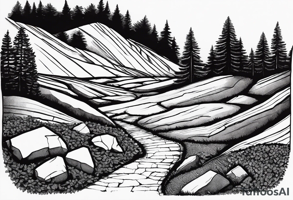 Create a tattoo of a flat topped granite rock with a base under the ground line that is pointed and deep, surrounded by freshly tilled and raked soil ready to be planted and under ground in front of the rock, a seed planted and pushing through the soil tattoo idea