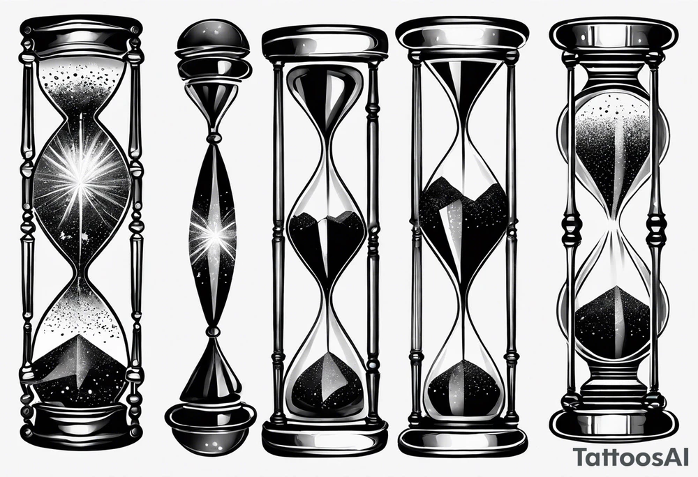 Hourglass, cosmic dust exploding from the top and bottom of the hourglass. Long tattoo to fit on the forearm, masculine, minimalist, 3 tiers tattoo idea