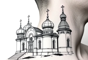 medium sized Russian orthodox church with bulb domes with a prominent russian orthodox style virgin mary stood outside to the left tattoo idea
