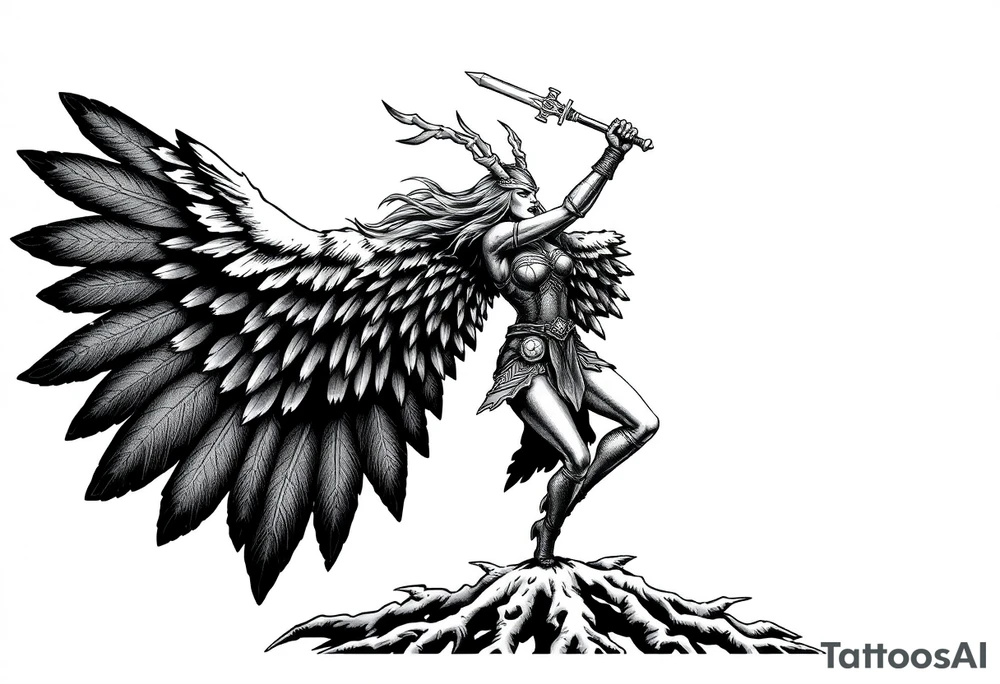 A fierce looking Valkyrie with very big dark wings. The whole body with legs should be visible.
She has armor.
She is flying towards the right, sword held high

She is screaming.
She is standing on roots tattoo idea
