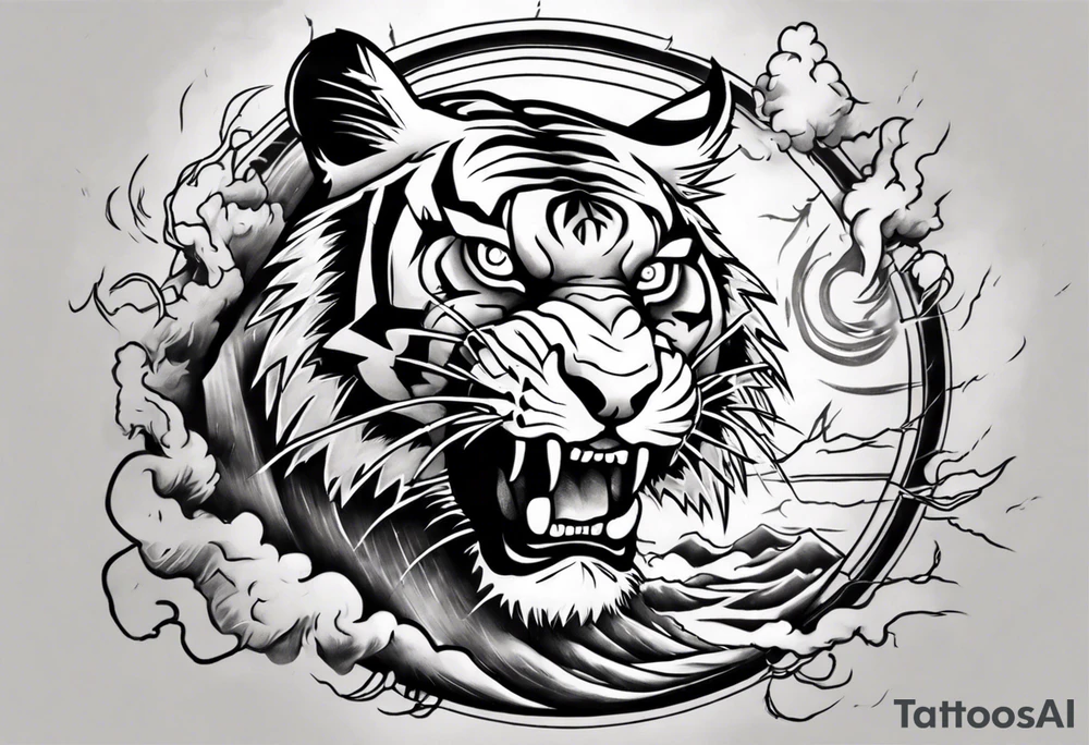 Tiger with lightning and the sun in the background for a forearm tattoo tattoo idea
