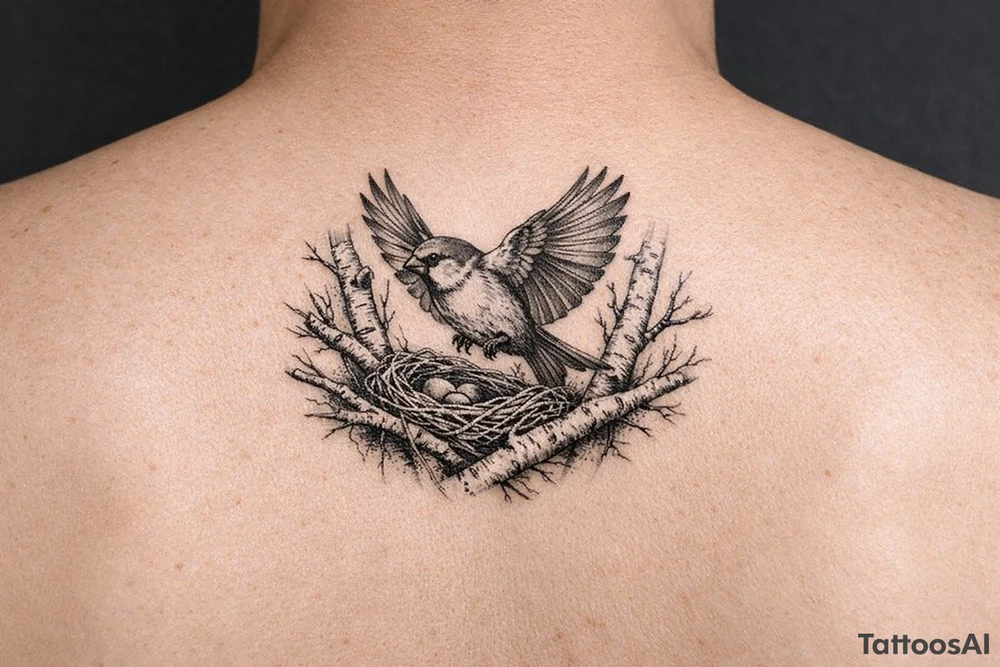 fine line black and grey tattoo of a detailed sparrow taking flight from a simple nest nestled in silver birch branches tattoo idea