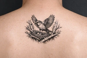 fine line black and grey tattoo of a detailed sparrow taking flight from a simple nest nestled in silver birch branches tattoo idea