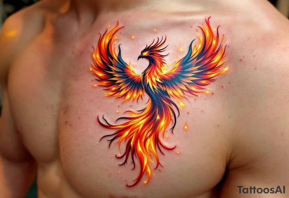 A majestic phoenix rising from swirling golden flames, its feathers a brilliant mix of fiery red, deep orange, and shimmering gold. Its wings extend with elegant curves, forming a protective arc, while embers and glowing sparks trail behind, representing rebirth and resilience. tattoo idea