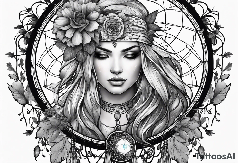 Blindfolded woman looking over a large dream catcher with the scorpio zodiac in the center queen Ann's lace flowers hanging from the bottom tattoo idea