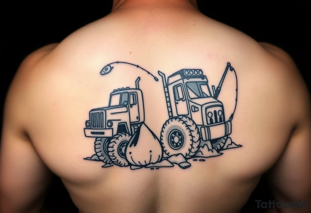 Tattoo with trucks, fishing and anime to representa sons tattoo idea