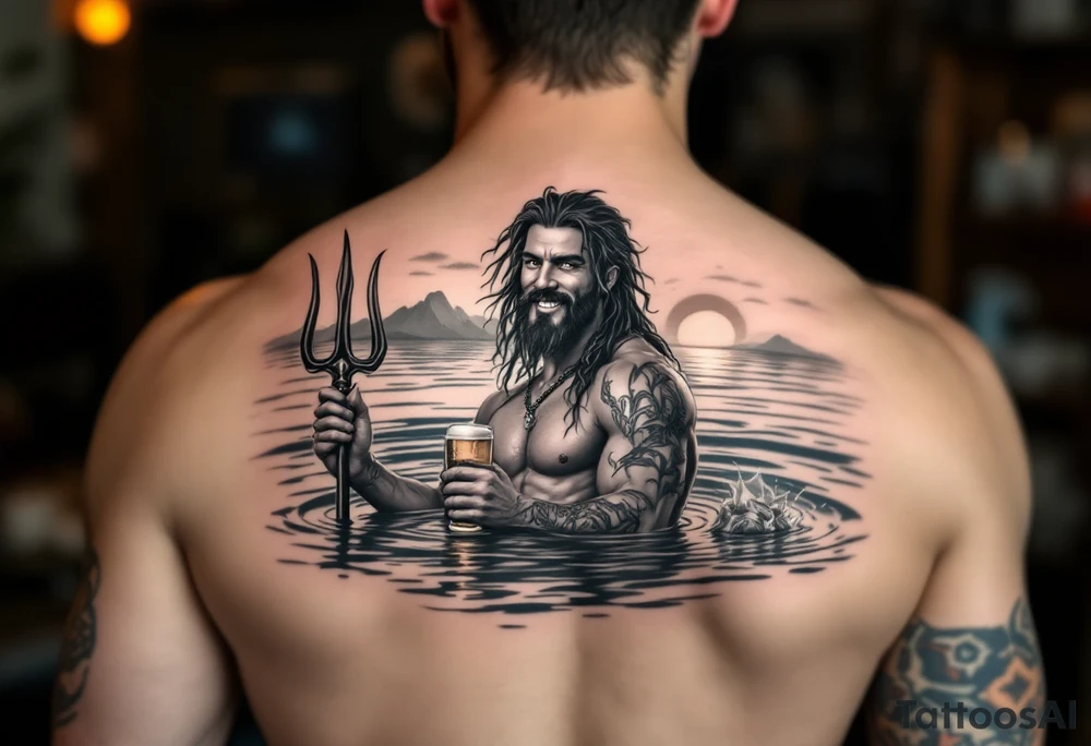 young, smiling, fit poseidon in calm water, holding a trident, drinking a beer, with sunset tattoo idea
