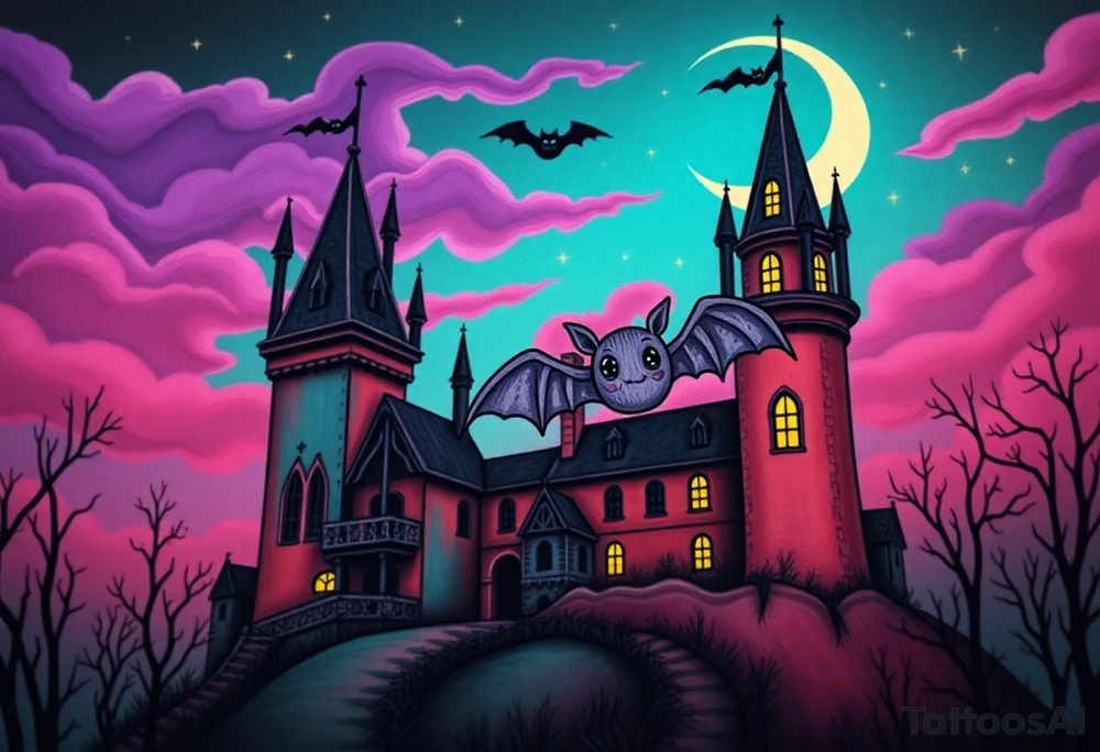 Tim Burton’s haunted castle is abandoned and dripping with muted reds, dusty pinks, and eerie green glow.purple and cyan smokey clouds swirl in the crescent moonlit sky thats sprinkled with stars under the castle an adorable kawaii bat spreads its wings tattoo idea tattoo idea