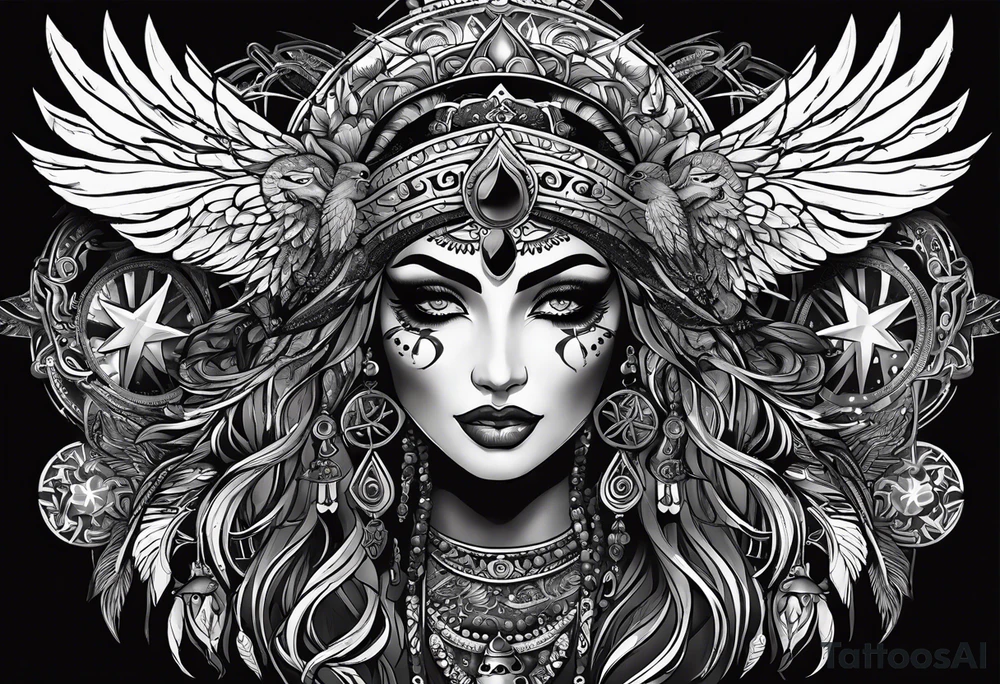 black kali, goddess pirate, alien, pachamama, valkrye, warrior, skull, lotus azul, wing, eagle, zenza resonance, stars, 5D, anahata chakra tattoo idea