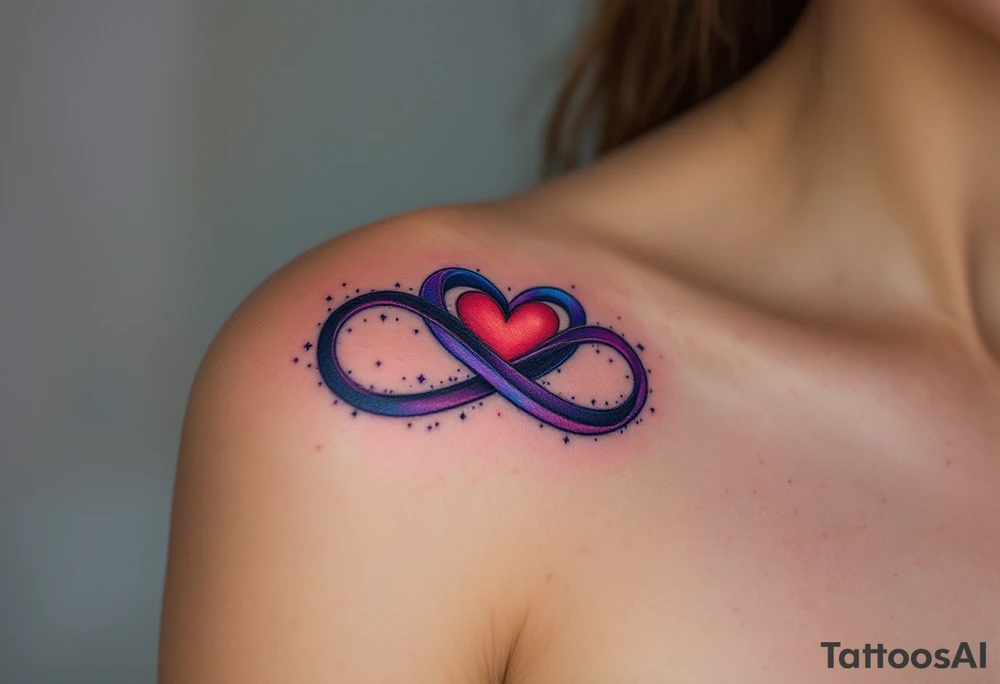 A purple and black shaded infinity symbol wrapping around a red heart in the middle. tattoo idea