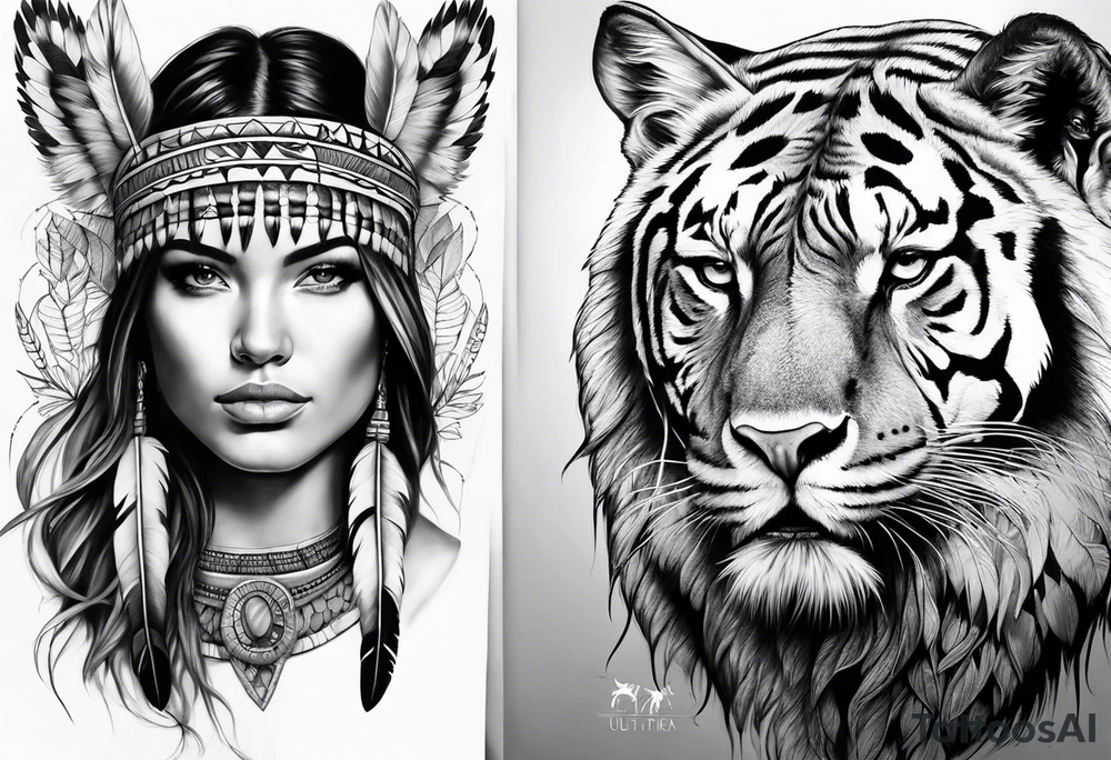 realistic native+animals american tattoo idea
