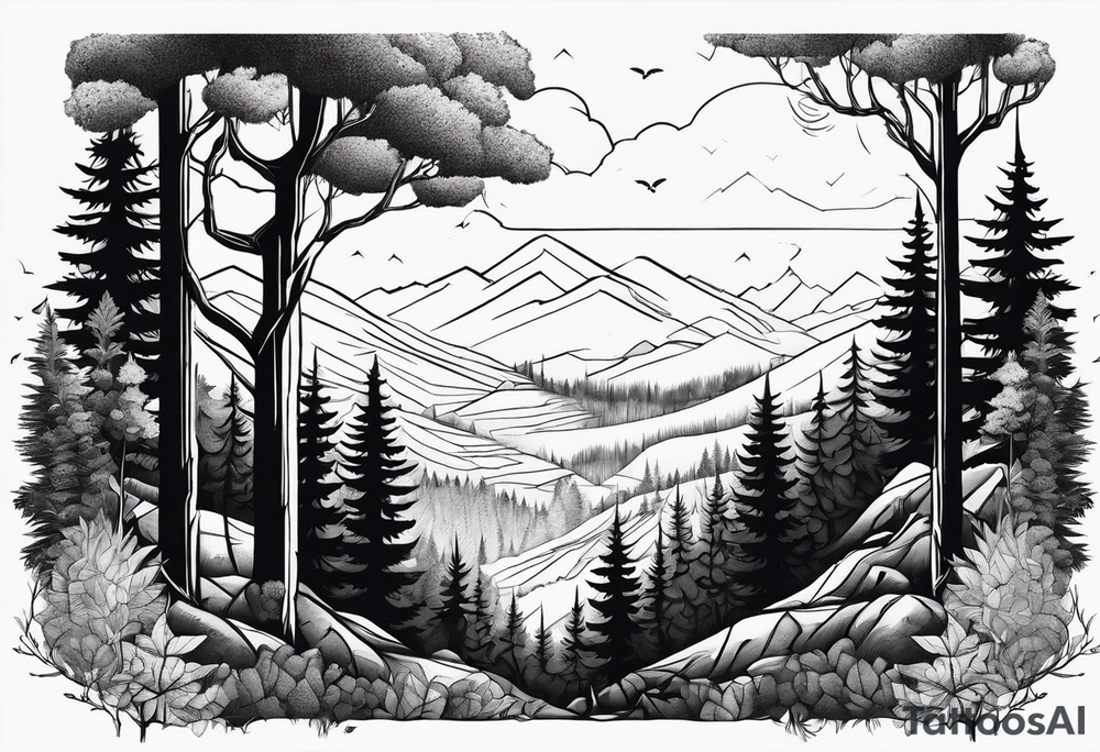 forest along the edges where there are fires below and in the distance with full trees tattoo idea