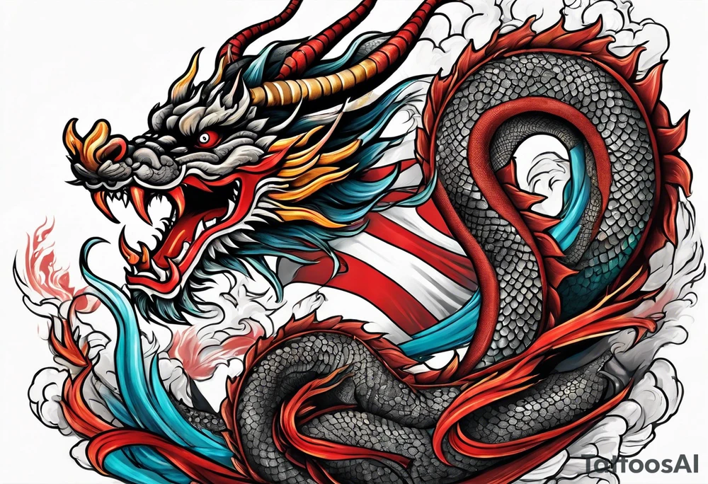 Asian dragon coiling around an anchor with the Korean flag in the background tattoo idea