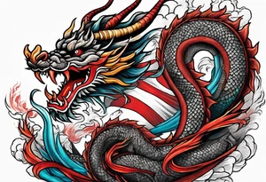 Asian dragon coiling around an anchor with the Korean flag in the background tattoo idea
