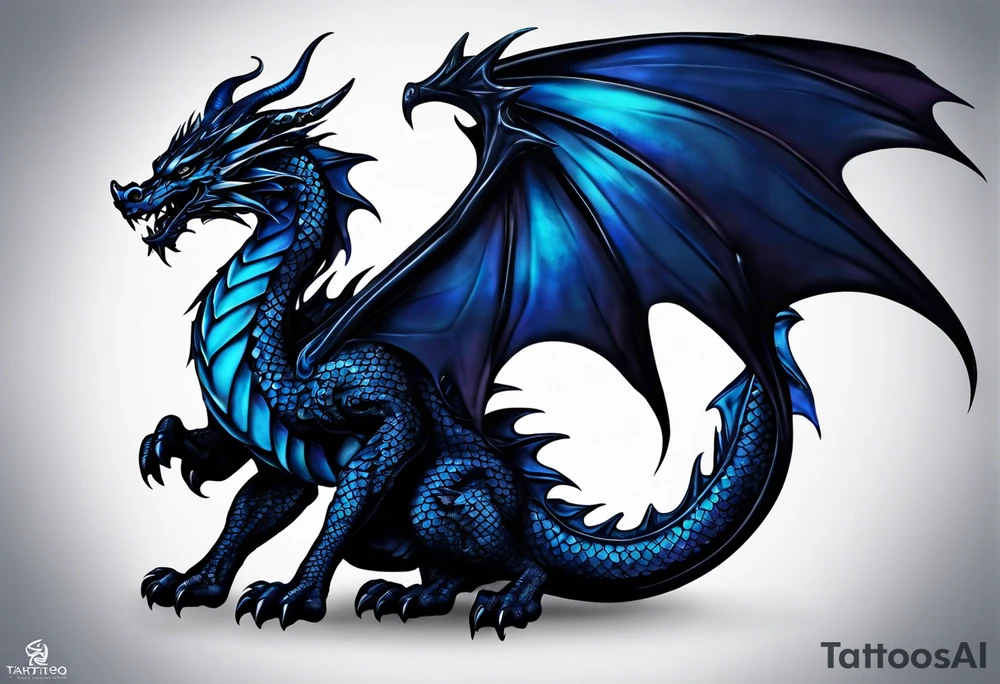 An epic floating dragon. Its long body coiling dynamically, with scales and horns detailed to create a sense of movement and strength. The dragon's main color is midnight blue, giving a vibrant depth and a mystical aura. This tattoo highlights the dragon’s fierce expression and sharp claws. tattoo idea