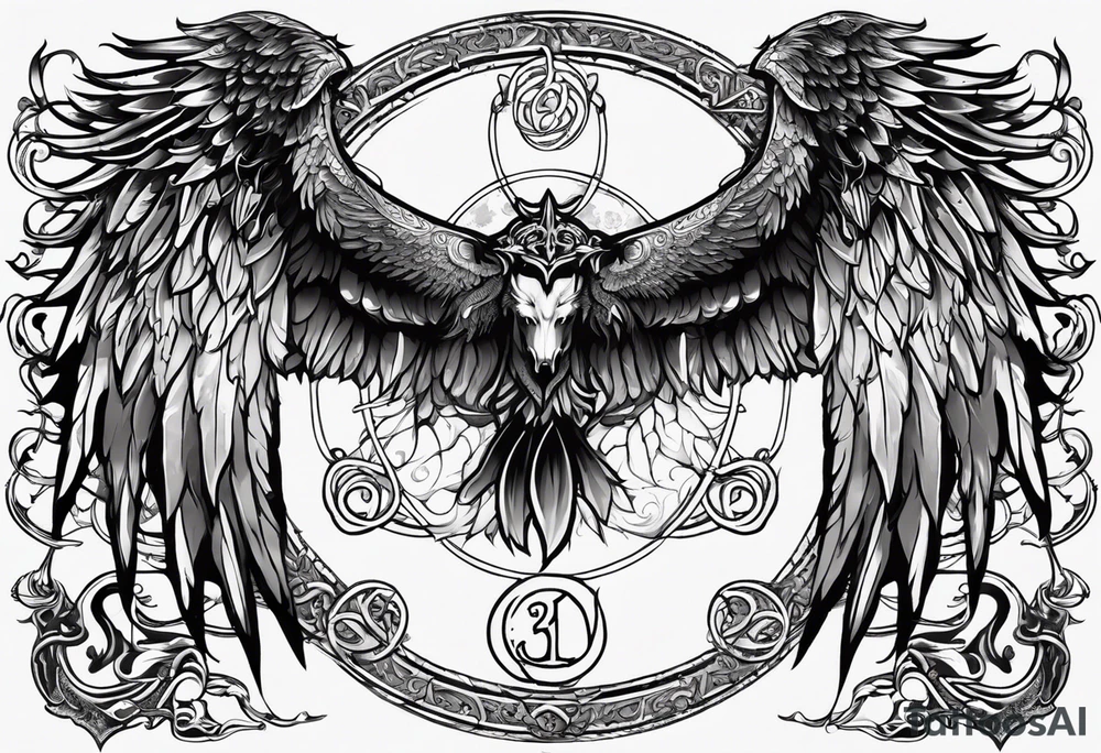 the number 13 with one angel wing and one demon wing, with the karma symbol tattoo idea