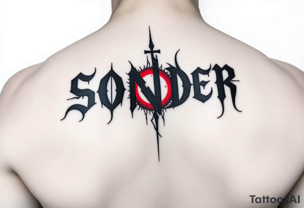 I want the word sonder in vertical form but the letter o swapped with an eye colored red and the word sonder to be in bold black letters tattoo idea