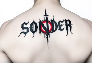 I want the word sonder in vertical form but the letter o swapped with an eye colored red and the word sonder to be in bold black letters tattoo idea