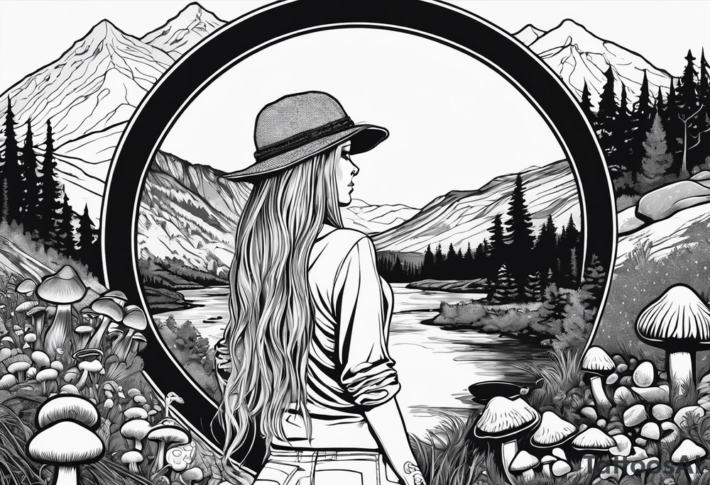 Whole picture encircled fully

Straight long blonde hair hippie girl in distance holding mushrooms in hand facing away toward mountains and creek surrounded by mushrooms long sleeve shirt and hiking pants; whole rendering within a full circle, no cut off circle tattoo idea