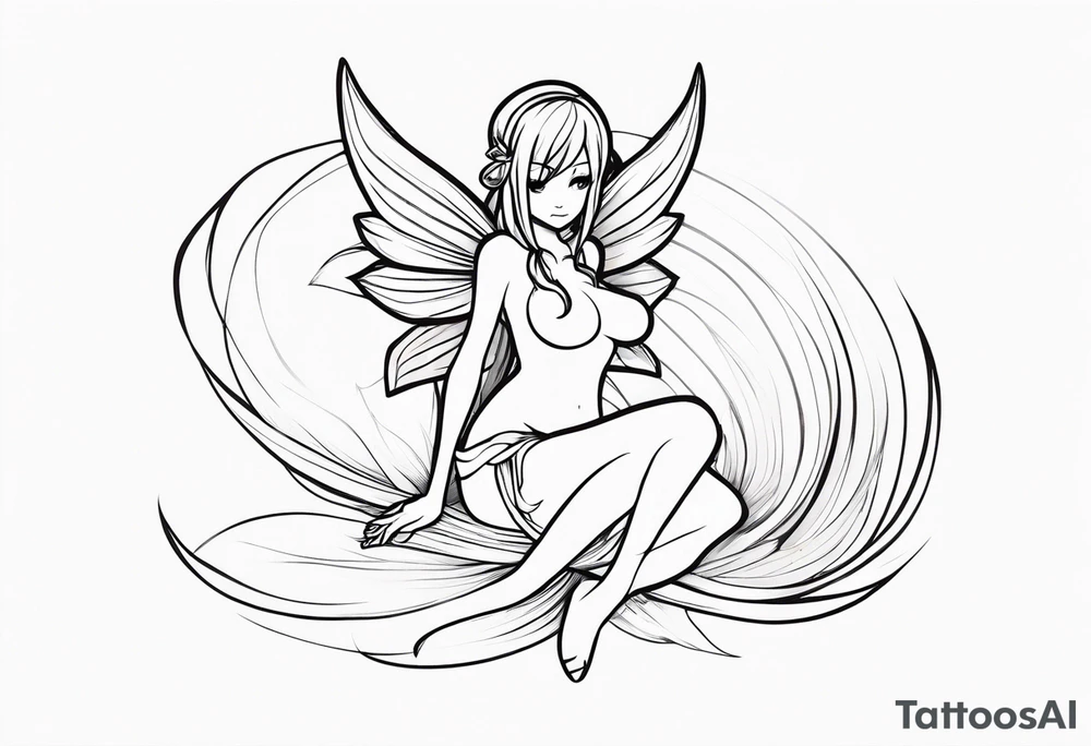 A fairy with a tail inspired by the logo of the show called Fairy Tail in a fetal position leaning in tattoo idea