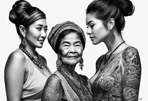 three person side by side. a really young Daughter on the left, mother in the middle, really old grandmother on the right. greater age difference tattoo idea