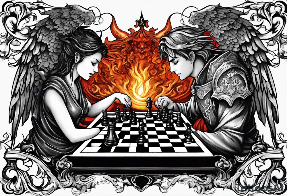 Depict an angel and demon playing chess on a board that morphs from celestial clouds to fiery inferno, representing the merging of the spiritual realms in the eternal game tattoo idea