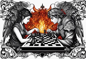 Depict an angel and demon playing chess on a board that morphs from celestial clouds to fiery inferno, representing the merging of the spiritual realms in the eternal game tattoo idea