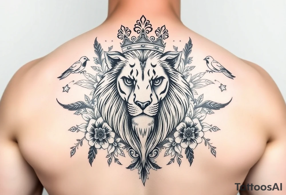 powerful majestic lion with a crown, surrounded by floral ornaments and birds tattoo idea
