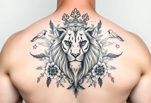powerful majestic lion with a crown, surrounded by floral ornaments and birds tattoo idea