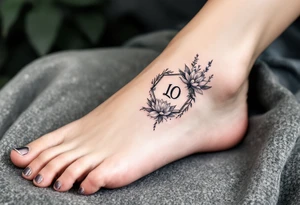 Small Feminine simple Dotted Line hexagon with Leo astrological symbol surrounded by larkspurs and water lilies tattoo idea