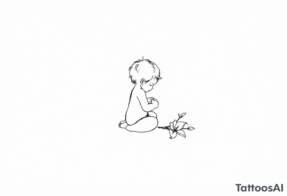 A simple tile floor with a minimalist outline of a curled child sitting on the floor with a lily next to her tattoo idea