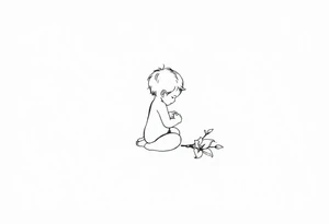 A simple tile floor with a minimalist outline of a curled child sitting on the floor with a lily next to her tattoo idea