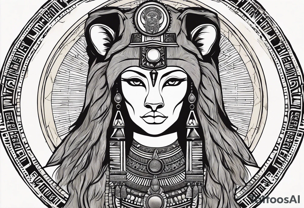 Full body from head to toe of Ancient Egyptian goddess sekhmet, lioness head with black sun disk above her head and woman's body. She looks straight ahead and ready for battle looking fearless and powerful holding an ankh in one hand and a papyrus sceptre in another, she has long hair flowing tattoo idea