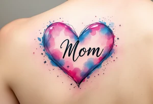 A watercolor heart in pink and blue with the word “Mom” scripted across it in elegant cursive. tattoo idea