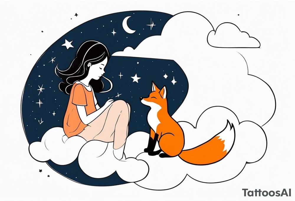 little girl with a fox sit side by side on a cloud and look at the stars tattoo idea