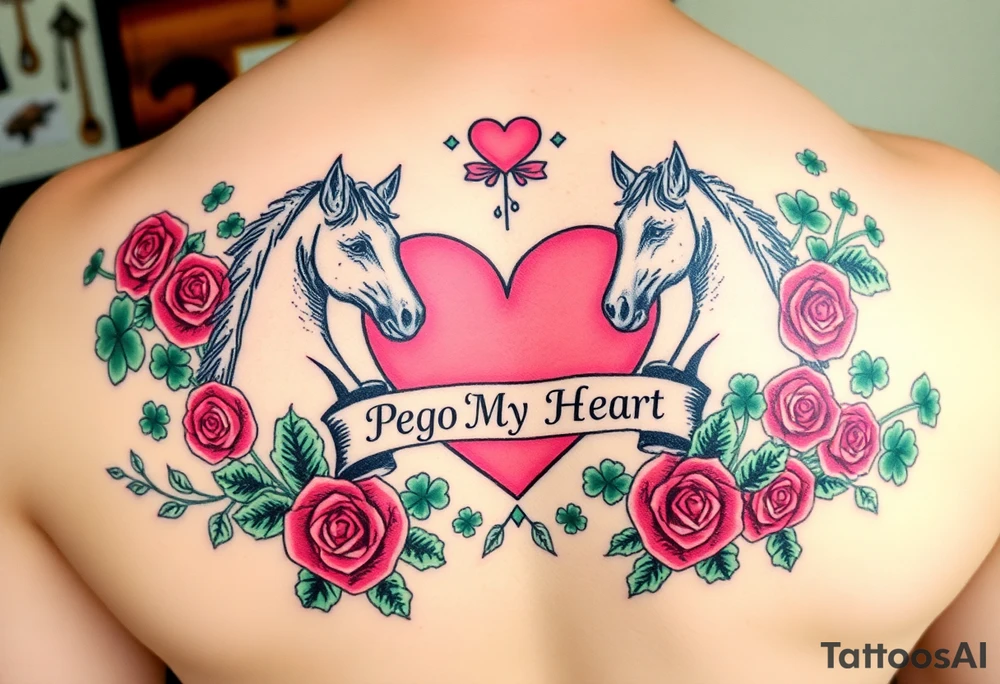 A lot of green shamrocks & red roses, horses with a big Pink heart and a banner across the heart that says Peg 'o My Heart tattoo idea