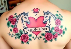 A lot of green shamrocks & red roses, horses with a big Pink heart and a banner across the heart that says Peg 'o My Heart tattoo idea
