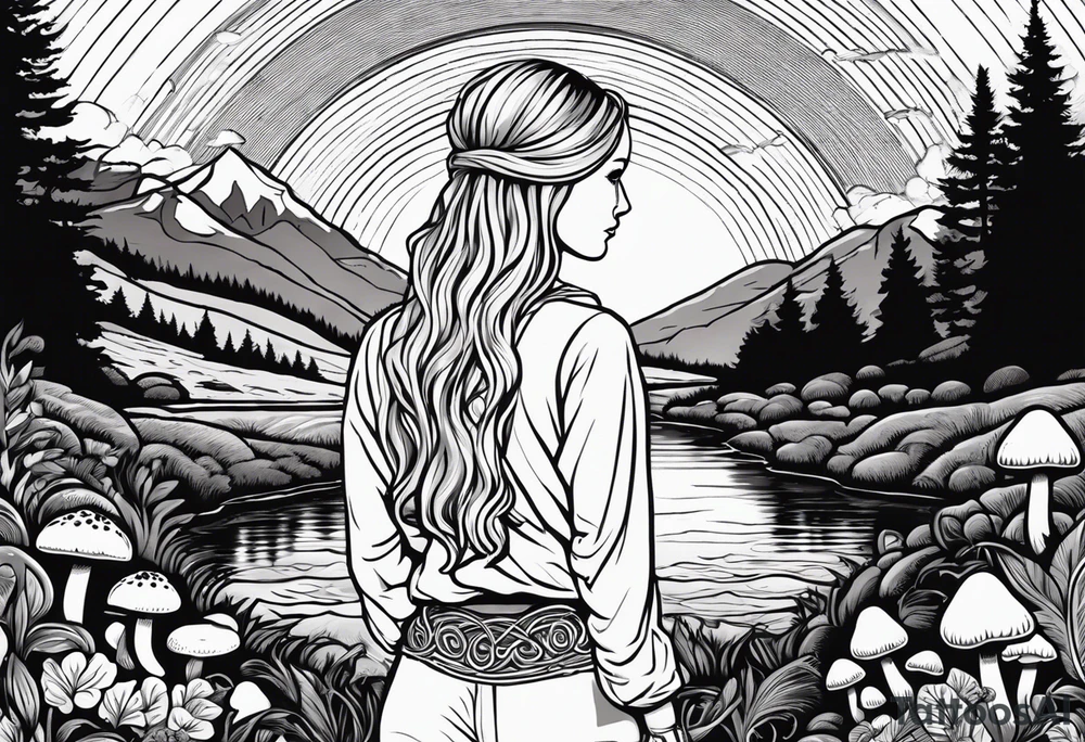 Whole picture encircled fully

Straight long blonde hair hippie girl in distance holding mushrooms in hand facing away toward mountains and creek surrounded by mushrooms long sleeve shirt and hiking pants; whole rendering within a full celtic circle border, no cut off circle tattoo idea