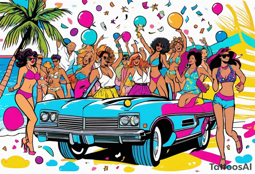 1980's miami vice style beach dance 
party, include confetti, music notes, boom box, bikinis tattoo idea