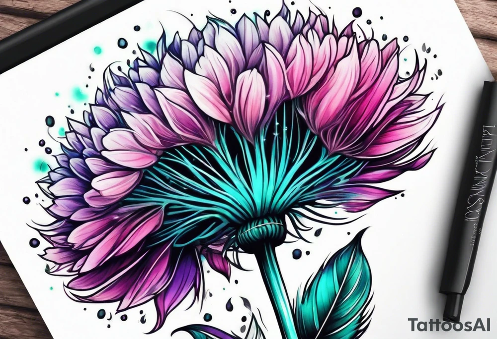 Pink purple and teal dandelion flower tattoo idea