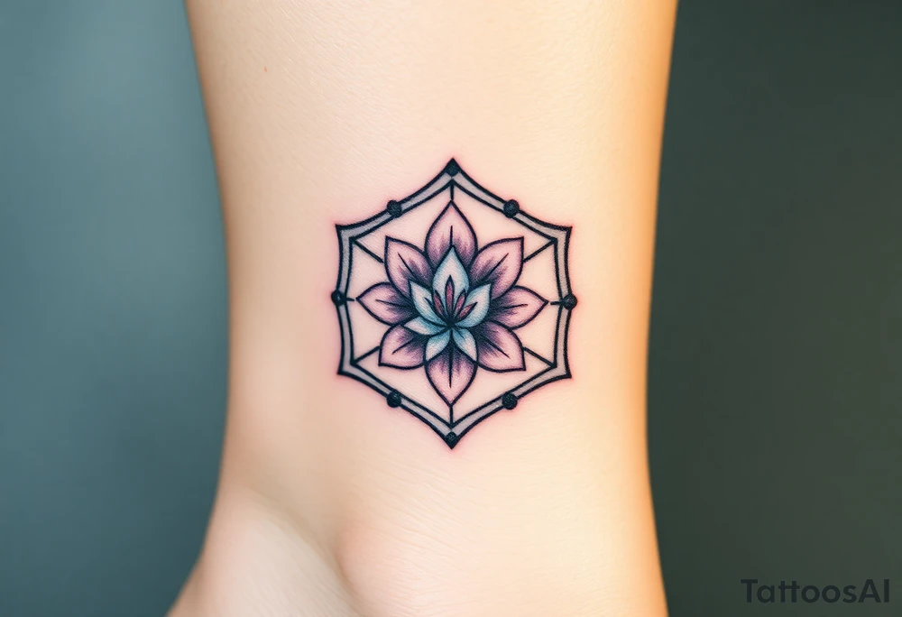 Hexagon with astrological sign for Leo, larkspur and water lilies in the center tattoo idea