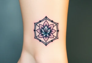 Hexagon with astrological sign for Leo, larkspur and water lilies in the center tattoo idea