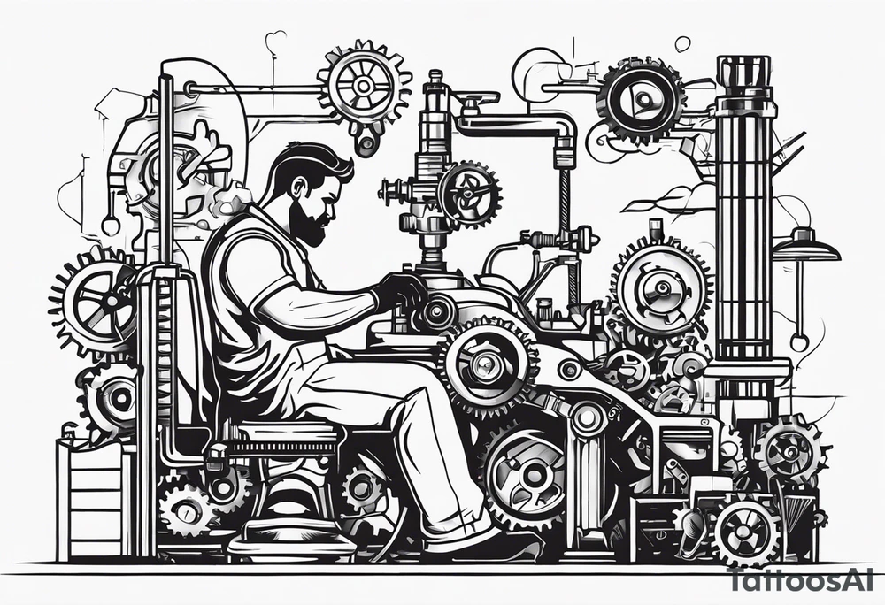 Create a BLACK and white drawing of a mechanic working on a machine, surrounded by mechanical elements like gears and tools. Clear lines, no shadows, no greys tattoo idea