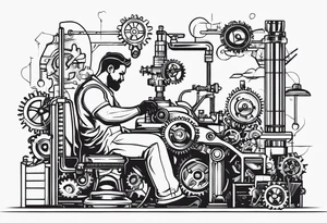 Create a BLACK and white drawing of a mechanic working on a machine, surrounded by mechanical elements like gears and tools. Clear lines, no shadows, no greys tattoo idea