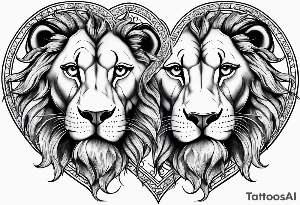 twin lion head shaped like a heart tattoo idea