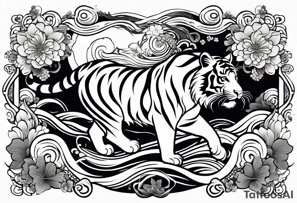 Inspired by Japanese art, this design features the tiger’s body depicted with dramatic, flowing curves and swirls. The background includes flowing water currents and floral motifs. This design is black and white and dynamic, capturing the movement and spirit of the tiger in a traditional Japanese aesthetic. tattoo idea