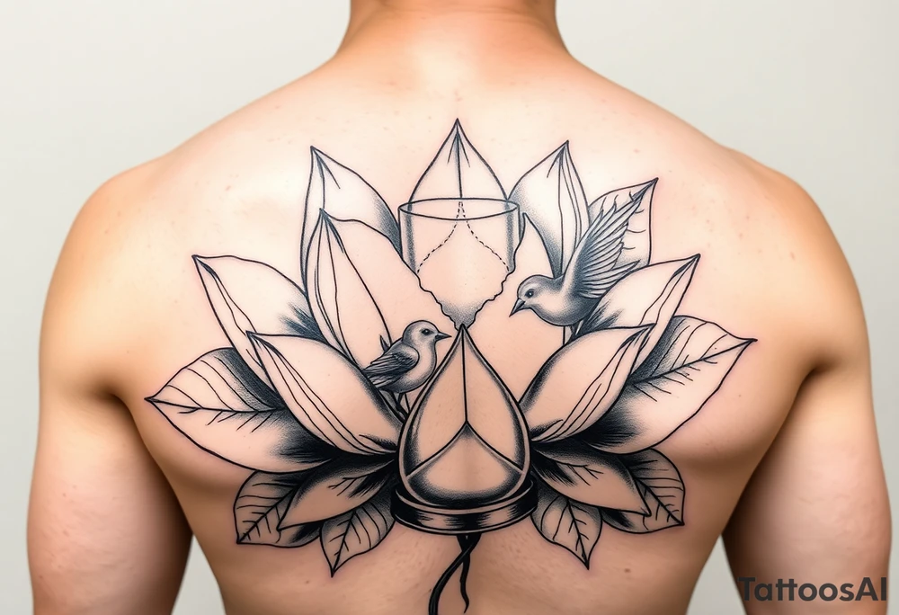 Lotus flower with broken hour glass that turns into birds tattoo idea